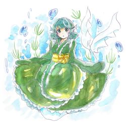 Rule 34 | 1girl, bad id, bad pixiv id, blue hair, bubble, faux traditional media, fins, green hair, head fins, highres, japanese clothes, kimono, mermaid, monster girl, open mouth, plant, solo, tama (hiroshige 36), touhou, underwater, wakasagihime