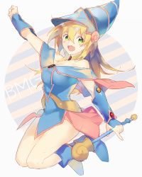 Rule 34 | 1girl, :d, arm up, bad id, bad pixiv id, bare legs, bare shoulders, blonde hair, blue footwear, blush, blush stickers, boots, choker, clenched hand, dark magician girl, dress, duel monster, fist pump, full body, green eyes, hat, heiwa (murasiho), highres, jumping, knee boots, legs together, legs up, long hair, looking at viewer, open mouth, pentacle, simple background, smile, solo, staff, striped, wizard hat, yu-gi-oh!, yuu-gi-ou, yu-gi-oh! duel monsters