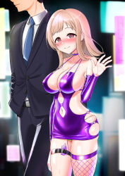 Rule 34 | 1boy, 1girl, absurdres, arm at side, bag, bare shoulders, belt, black hair, black jacket, black pants, blonde hair, blue necktie, blurry, blurry background, blush, bodycon, breasts, brown eyes, buttons, cameltoe, choker, cleavage, closed mouth, clothing cutout, collarbone, collared shirt, condom box, controller, covered erect nipples, cowboy shot, detached sleeves, dress, earrings, english text, faceless, faceless male, fishnet thighhighs, fishnets, formal, green panties, half-closed eyes, hand up, happy, harigane mutsumi (harigane623), head out of frame, heart, heart-shaped pupils, heart choker, highres, holding, holding bag, idolmaster, idolmaster shiny colors, jacket, jewelry, large breasts, long hair, long sleeves, looking at viewer, nail polish, navel, navel cutout, navel piercing, necktie, night, nose blush, o-ring dress, okamoto condoms, outdoors, panties, pants, panty peek, piercing, producer (idolmaster), public indecency, purple choker, purple dress, purple nails, purple sleeves, purple thighhighs, pussy juice, remote control, remote control vibrator, ring, sakuragi mano, sex toy, shiny clothes, shirt, short dress, short hair, side cutout, sidelocks, single thighhigh, skin tight, skindentation, sleeveless, sleeveless dress, smile, solo focus, standing, string panties, suit, sweat, symbol-shaped pupils, thigh strap, thighhighs, underwear, vibrator, vibrator under clothes, vibrator under panties, walking, waving, white shirt