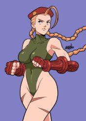 Rule 34 | 1girl, bare shoulders, blonde hair, blue eyes, braid, breasts, cammy white, clenched hands, curvy, fingerless gloves, gloves, hat, highleg, highleg leotard, highres, large breasts, leotard, lips, long hair, sleeveless, street fighter, thong leotard, twin braids, very long hair, wide hips, yung khan