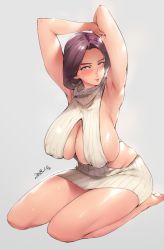 Rule 34 | 1girl, 2018, armpits, arms up, backless dress, backless outfit, blush, breasts, brown eyes, cleavage, cleavage cutout, clothing cutout, covered erect nipples, dated, dress, highres, huge breasts, looking at viewer, mature female, meme attire, naked sweater, open mouth, original, orushibu, purple hair, ribbed sweater, seiza, short hair, simple background, sitting, skindentation, smile, solo, sweater, turtleneck, turtleneck sweater, virgin killer sweater