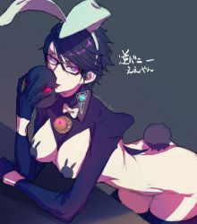 Rule 34 | amulet, animal ears, bayonetta, bayonetta (series), bayonetta 2, black hair, blue eyes, bow, bowtie, breasts, cropped jacket, dated, earrings, fake animal ears, fake tail, glasses, gloves, jewelry, kara namako, large breasts, leaning forward, leotard, looking at viewer, mask, meme attire, mole, mole under mouth, pasties, playboy bunny, rabbit ears, rabbit tail, removing mask, revealing clothes, reverse bunnysuit, reverse outfit, short hair, shrug (clothing), solo, tail, thighhighs, translated