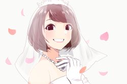 Rule 34 | 1girl, ameya shioichi, bridal gauntlets, bridal veil, bride, brown hair, commentary request, dress, hanazawa kana, highres, jewelry, looking at viewer, necklace, petals, real life, smile, solo, upper body, veil, voice actor, wedding dress