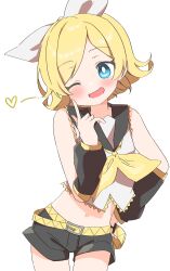 Rule 34 | 1girl, ;d, absurdres, bare shoulders, blonde hair, blue eyes, blush, bow, bright pupils, contrapposto, crop top, detached sleeves, hair bow, hair ornament, hairclip, hand on own hip, heart, highres, kagamine rin, leg warmers, midriff, navel, one eye closed, open mouth, sailor collar, shirt, short hair, shorts, sleeveless, sleeveless shirt, smile, solo, uruti 2388, vocaloid, white bow, white pupils