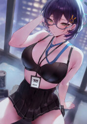 Rule 34 | 1girl, :o, absurdres, arm support, bare shoulders, black bra, black skirt, blue-framed eyewear, blue archive, blue hair, blue necktie, blurry, blurry background, blush, bra, breasts, chihiro (blue archive), collarbone, dated commentary, glasses, hair ornament, halo, hand in own hair, highres, indoors, lanyard, large breasts, looking at viewer, necktie, no shirt, pleated skirt, rororo, semi-rimless eyewear, short hair, sitting, skirt, solo, under-rim eyewear, underwear, white background