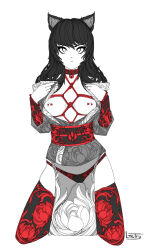 Rule 34 | 1girl, absurdres, animal ears, bdsm, bell, black hair, black thighhighs, blake belladonna, bondage, bound, breasts, cat ears, choker, collar, expressionless, floral print, full body, hands up, highres, kneeling, long hair, long sleeves, looking at viewer, ltstry, monochrome, neck bell, nipple piercing, nipples, panties, piercing, print panties, print thighhighs, red thighhighs, rwby, sarashi, shadow, shibari, signature, simple background, slave, small breasts, solo, spot color, thighhighs, underwear, white background, white eyes
