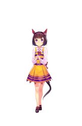 Rule 34 | 1girl, :d, animal ears, black hair, blunt bangs, bob cut, dress, fingers together, full body, hairband, highres, horse ears, horse girl, horse tail, looking at viewer, nishino flower (umamusume), official art, open mouth, pink hairband, purple eyes, short hair, smile, solo, tail, transparent background, umamusume, yellow dress