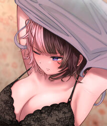 Rule 34 | 1girl, armpits, arms up, black bra, blue eyes, bra, breasts, brown hair, close-up, fang, from above, hatogayar, highres, large breasts, multicolored hair, one eye closed, pink hair, shirt, skin fang, solo, split-color hair, strap gap, tachibana hinano (vtuber), two-tone hair, underwear, undressing, virtual youtuber, vspo!, white shirt