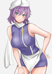 Rule 34 | 1girl, absurdres, adapted costume, apron, blue eyes, breasts, commentary request, grey background, hair between eyes, highres, kuraki, lapel pin, large breasts, leaning forward, letty whiterock, looking at viewer, purple hair, scarf, short hair, simple background, sleeveless, solo, touhou, waist apron, white apron, white headwear, white scarf