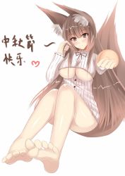 Rule 34 | 1girl, animal ears, areola slip, barefoot, blush, bread, breasts, brown eyes, brown hair, feet, food, foot focus, giving, highres, kitsune, long hair, looking at viewer, nude, otono fei, playing with own hair, pov, sitting, smile, soles, sweater, tail, toes, translated, underboob