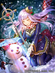 Rule 34 | 1girl, bad id, bad pixiv id, boots, character request, company name, cross, dragon tactics, dutch angle, gloves, ichinose777, long hair, official art, open mouth, scarf, snow, snowing, snowman, staff, thighhighs, white gloves, yellow eyes