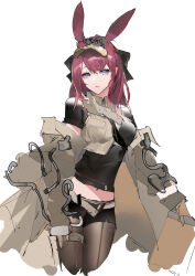 Rule 34 | 1girl, absurdres, animal ears, arknights, black bow, black pantyhose, black shirt, black shorts, bow, breasts, brown gloves, brown hat, brown jacket, cowboy shot, cropped legs, gloves, hair bow, hat, highres, huibai bri, jacket, long hair, looking at viewer, off shoulder, open clothes, open jacket, pantyhose, pantyhose under shorts, purple eyes, rabbit ears, rabbit girl, ray (arknights), red hair, shirt, short shorts, short sleeves, shorts, simple background, sketch, small breasts, solo, t-shirt, visor cap, white background