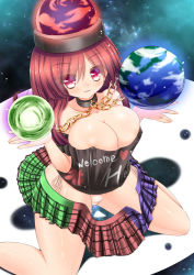 Rule 34 | 1girl, areola slip, bare shoulders, blush, breasts, bursting breasts, chain, cleavage, clothes writing, collar, covered erect nipples, curvy, earth (ornament), hecatia lapislazuli, kneeling, large breasts, long hair, looking at viewer, miniskirt, moon (ornament), moura (kenyuugetu), multicolored clothes, multicolored skirt, no bra, panties, parted lips, partially undressed, red eyes, red hair, sitting, skirt, smile, solo, thick thighs, thighs, touhou, underwear, unzipped, wariza, white panties, wide hips