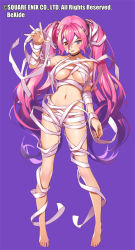 Rule 34 | 1girl, arm up, bandages, bandages, barefoot, blue background, blue eyes, blush, breasts, choker, full body, heterochromia, long hair, looking at viewer, million arthur (series), naked bandage, navel, open hand, open mouth, pink hair, popqn, purple background, purple eyes, red eyes, simple background, solo, standing, twintails, underboob, very long hair