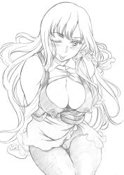 Rule 34 | 1girl, absurdres, amayumi, blush, breasts, cameltoe, cleavage, collared shirt, covered erect nipples, greyscale, gundam, gundam zz, head tilt, highres, large breasts, long hair, long nipples, looking at viewer, monochrome, pantyhose, roux louka, shirt, sitting, skirt, smile, tank top, tongue, tongue out, white background