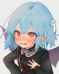 Rule 34 | !?, 1girl, alternate costume, artist name, bad id, bad twitter id, bat wings, black bow, black ribbon, blue hair, blush, bow, close-up, collared dress, dress, embarrassed, fang, frilled shirt collar, frilled sleeves, frills, gotou (nekocat), hand on own hip, hand on own chest, hand up, highres, long sleeves, looking at viewer, nail polish, no headwear, open mouth, pointy ears, red eyes, red nails, remilia scarlet, ribbon, short hair, signature, simple background, solo, speech bubble, touhou, white background, wings