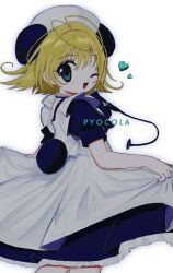 Rule 34 | 1girl, animal ears, antenna hair, apron, blonde hair, blue dress, di gi charat, dress, green eyes, highres, looking at viewer, maid apron, one eye closed, open mouth, panda ears, pepeppepe101, piyoko, puffy short sleeves, puffy sleeves, short hair, short sleeves, simple background, solo, white background