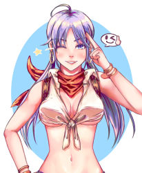 Rule 34 | 1girl, ahoge, backpack, bag, bandana, blacksmith (ragnarok online), blue background, blue eyes, blush, breasts, commentary request, crop top, emoticon, grin, highres, long hair, looking at viewer, medium breasts, midriff, nanaya (shohei77), navel, one eye closed, purple hair, ragnarok online, red bandana, red neckwear, shirt, simple background, sleeveless, sleeveless shirt, smile, solo, star (symbol), tied shirt, twintails, two-tone background, underboob, upper body, white background