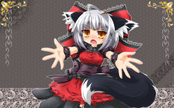 Rule 34 | 1girl, ahoge, animal ear fluff, animal ears, armband, blush, bow, cat ears, cat tail, dress, fangs, fox ears, fox tail, frills, gothic lolita, hair bow, hair ornament, hairclip, highres, kazami karasu, lace, large bow, lolita fashion, open mouth, original, outstretched arms, red dress, ribbon, sash, short hair, silver hair, slit pupils, solo, spread arms, tail, wallpaper, yellow eyes