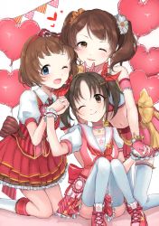 Rule 34 | 3girls, balloon, blue eyes, blush, bow, brown eyes, brown hair, commentary request, convenient leg, gloves, hair bow, hairband, heart balloon, highres, holding hands, idolmaster, idolmaster cinderella girls, idolmaster cinderella girls starlight stage, imai kana, kudo shinobu, long hair, looking at viewer, lvetica, multiple girls, nagatomi hasumi, one eye closed, open mouth, parted lips, short hair, smile, thighhighs, twintails, white legwear