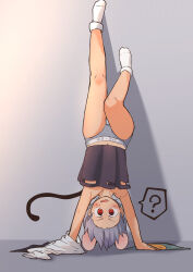 Rule 34 | 1girl, ?, absurdres, animal ears, blush, briefs, commentary request, full body, greenpiecerice, grey hair, grey skirt, handstand, highres, looking at viewer, male underwear, mouse ears, mouse girl, mouse tail, nazrin, open mouth, red eyes, shirt, short hair, skirt, socks, solo, spoken question mark, tail, touhou, underwear, v-shaped eyebrows, white shirt, white socks