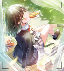 Rule 34 | !, 1girl, bare legs, black cat, black jacket, black socks, blazer, blurry, blurry background, blush, bob cut, bow, bowtie, brown hair, camera, cat, cellphone, commentary request, crumbs, curtains, ear ornament, earrings, food, food in mouth, highres, holding, holding phone, hot dog, jacket, jewelry, knees, loafers, long sleeves, looking at viewer, open clothes, open jacket, original, phone, pleated skirt, red bow, school uniform, shirt, shoes, short hair, single-lens reflex camera, sitting, skirt, smartphone, socks, solo, spoken exclamation mark, strap, stud earrings, surprised, sweat, sweatdrop, thighs, viewfinder, whiskers, white shirt, window, yellow eyes, yukimaru nun