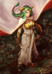 Rule 34 | 1girl, armor, armored dress, blood, blood on clothes, blood on face, breasts, cape, commission, commissioner upload, dress, fire emblem, fire emblem: three houses, flower, green eyes, green hair, hair flower, hair ornament, head wings, highres, holding, holding shield, holding sword, holding weapon, medium breasts, nintendo, ponytail, seiros (fire emblem), sethkiel, shield, skull, solo, sword, sword of seiros, weapon, white flower, wings