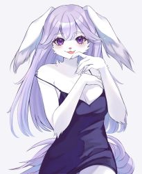 Rule 34 | 1girl, :3, :p, animal ears, animal nose, bare shoulders, black dress, breasts, claws, cleavage, dress, finger to own chin, fingernails, furry, furry female, highres, looking at viewer, medium breasts, no bra, original, purple background, purple eyes, purple hair, purple tail, rabbit ears, rabbit girl, saaa, sharp fingernails, simple background, solo, strap slip, tail, tongue, tongue out, white fur