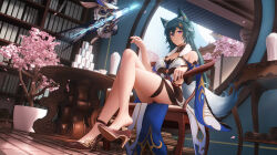 Rule 34 | 1girl, animal ears, aqua hair, architecture, bare legs, bare shoulders, blue sky, blush, breasts, chair, cherry blossoms, crossed legs, east asian architecture, feet, fox ears, fox girl, fox tail, full body, hair between eyes, high heels, highres, honkai: star rail, honkai (series), indoors, large breasts, legs, ling dianxia, long hair, looking at viewer, mahjong, mahjong tile, medium breasts, plant, potted plant, purple eyes, shoe dangle, sitting, skindentation, sky, solo, table, tail, waist cutout, yukong (honkai: star rail)
