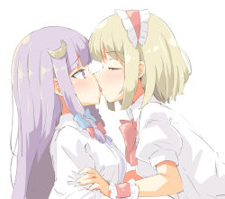 Rule 34 | 2girls, alice margatroid, arnest, blonde hair, blouse, blush, closed eyes, collared shirt, crescent, crescent hair ornament, french kiss, hair ornament, hairband, highres, kiss, kiss day, lolita hairband, long hair, multiple girls, patchouli knowledge, puffy short sleeves, puffy sleeves, purple eyes, purple hair, red hairband, shirt, short hair, short sleeves, simple background, tongue, tongue out, touhou, upper body, white background, white shirt, yuri