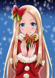 Rule 34 | 1girl, abigail williams (fate), blonde hair, blue eyes, blurry, blurry background, blush, bow, box, capelet, chobbi, closed mouth, depth of field, dress, fate/grand order, fate (series), forehead, fur-trimmed capelet, fur-trimmed sleeves, fur trim, gift, gift box, hair bow, hands up, holding, holding gift, long hair, looking at viewer, parted bangs, red bow, red capelet, red dress, smile, snowing, solo, upper body, very long hair