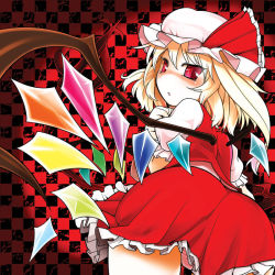 Rule 34 | 1girl, ass, back, blonde hair, blush, checkered background, crystal, female focus, flandre scarlet, from behind, hat, looking back, panties, pantyshot, red eyes, solo, striped clothes, striped panties, touhou, underwear, wings, yassy