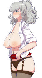 Rule 34 | 1girl, bad anatomy, blouse, breasts, garter straps, glasses, green eyes, huge breasts, long hair, namamo (kura), nipples, open clothes, open shirt, sagging breasts, shirt, silver hair, simple background, solo, sweatdrop, thighhighs, topless, white background