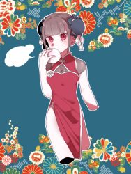 Rule 34 | 1girl, alternate costume, alternate hairstyle, baozi, blue background, blunt bangs, breasts, brown hair, china dress, chinese clothes, cleavage, cleavage cutout, clothing cutout, commentary request, cropped arms, cropped legs, danganronpa (series), danganronpa v3: killing harmony, double bun, dress, floral background, floral print, flower, food, hair bun, harukawa maki, holding, jian jing, looking at viewer, medium breasts, red dress, red eyes, short hair, solo