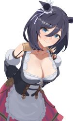 Rule 34 | 1girl, absurdres, animal ears, asobi nin, bare shoulders, black hair, blue eyes, breasts, cleavage, closed mouth, commentary request, detached sleeves, dirndl, dress, eishin flash (umamusume), frilled dress, frills, german clothes, highres, horse ears, horse girl, large breasts, long sleeves, looking at viewer, puffy sleeves, short hair, simple background, smile, solo, umamusume, white background