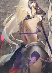 Rule 34 | 1girl, armor, armored dress, ass, back, back tattoo, backless outfit, blonde hair, chain, fadingz, fate/grand order, fate (series), from behind, fur trim, headpiece, highres, jeanne d&#039;arc alter (avenger) (fate), jeanne d&#039;arc alter (avenger) (third ascension) (fate), jeanne d&#039;arc alter (fate), long hair, looking at viewer, looking back, mixed-language commentary, parted lips, pixiv id, plackart, polearm, signature, skull, solo, tattoo, very long hair, weapon, white hair, yellow eyes