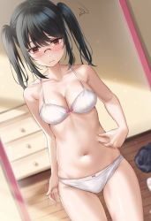 Rule 34 | 1girl, bare arms, bare shoulders, belly grab, black hair, bow, bow panties, bra, breasts, cleavage, collarbone, commission, frown, glasses, highres, long hair, looking at viewer, looking over eyewear, medium breasts, navel, original, panties, rama (yu-light8), red eyes, rimless eyewear, round eyewear, skeb commission, solo, squiggle, stomach, string bra, thigh gap, thighs, twintails, underwear, underwear only, weight conscious, white bra, white panties