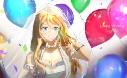 Rule 34 | 1girl, alternate hairstyle, artist name, artist request, ayase eli, balloon, blonde hair, blue eyes, blush, breasts, dress, earrings, female focus, hair between eyes, highres, jewelry, long hair, looking at viewer, love live!, love live! school idol project, necklace, parted lips, short hair, short sleeves, smile, solo, teeth, upper body, veil, veil lift, white dress