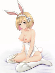 Rule 34 | 10s, 1girl, :/, alternate costume, animal ears, between legs, blonde hair, blush, breasts, breasts out, brown eyes, closed mouth, collarbone, covered navel, djeeta (granblue fantasy), earrings, fake animal ears, flower, full body, gradient hair, granblue fantasy, hair flower, hair ornament, hairband, hand between legs, head tilt, jewelry, large breasts, leotard, leotard pull, looking at viewer, multicolored hair, nipples, nonaka chikin, pink hair, playboy bunny, rabbit ears, rabbit tail, sage (granblue fantasy), shiny skin, short hair, sitting, skin tight, solo, tail, tareme, thighhighs, topless, wariza, white flower, white thighhighs