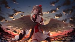 Rule 34 | 1girl, arms up, bird wings, black hair, chii in baru saba, cloud, commentary request, cowboy shot, detached sleeves, diffraction spikes, feathered wings, floral print, from behind, gradient sky, hat, highres, kourindou tengu costume, looking at viewer, looking back, ocean, open hands, pom pom (clothes), red eyes, shameimaru aya, short hair, sky, smile, solo, sunset, thighhighs, tokin hat, touhou, transparent wings, white thighhighs, wide sleeves, wings