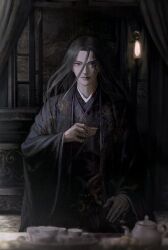 Rule 34 | 1boy, black eyes, black hair, black jacket, black robe, black sleeves, blood, blood on face, carpet, chinese clothes, commentary, cup, curtains, english commentary, hair between eyes, hand on lap, hanfu, holding, holding cup, indoors, jacket, keonk, light bulb, long hair, long sleeves, male focus, open clothes, open jacket, original, realistic, robe, seiza, sitting, solo, straight-on, teacup, teapot, thick eyebrows, wide sleeves, window
