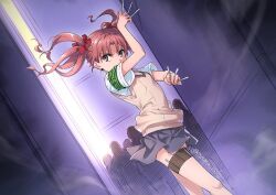 Rule 34 | 1girl, 5others, armband, between fingers, brown eyes, brown hair, building, commentary request, dutch angle, grey skirt, holding, holding needle, isshi pyuma, looking at viewer, multiple others, needle, outdoors, pleated skirt, revision, school uniform, shirai kuroko, skirt, solo focus, standing, summer uniform, sweater vest, thigh strap, thighs, throwing needles, toaru kagaku no railgun, toaru majutsu no index, tokiwadai school uniform, twintails