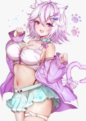Rule 34 | 1girl, absurdres, animal ear fluff, animal ears, bare shoulders, blue skirt, blush, breasts, cat ears, cat girl, cat tail, crop top, hair ornament, hairclip, highleg, highleg panties, highres, indian style, indie virtual youtuber, jacket, large breasts, looking at viewer, midriff, miniskirt, miruku ice, mito soosu, navel, off shoulder, open mouth, panties, pink eyes, pink hair, pink jacket, revealing clothes, ribbon, shirt, simple background, sitting, skirt, sleeveless, sleeveless shirt, solo, stomach, tail, tail ornament, tail ribbon, thigh strap, underwear, virtual youtuber, white background