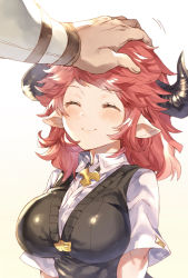 Rule 34 | 1boy, 1girl, aged down, blush, breasts, closed eyes, closed mouth, commentary request, draph, eno yukimi, granblue fantasy, headpat, highres, horns, large breasts, out of frame, pointy ears, pov, pov hands, red hair, shiny clothes, short hair, short sleeves, simple background, smile, sturm (granblue fantasy), upper body, white background