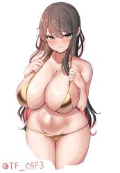 Rule 34 | 1girl, alternate breast size, alternate costume, bikini, black hair, breasts, cleavage, cropped legs, gold bikini, hands on own chest, highres, huge breasts, kantai collection, long hair, looking at viewer, lowleg, lowleg bikini, multicolored hair, naganami (kancolle), one-hour drawing challenge, pink hair, simple background, solo, standing, streaked hair, swimsuit, tf cafe, thigh gap, twitter username, two-tone hair, wavy hair, white background