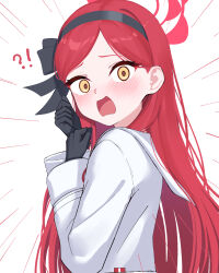 Rule 34 | !?, 1girl, absurdres, aoi riko, black gloves, black ribbon, blue archive, blush, breasts, dress, emphasis lines, gloves, halo, highres, jacket, long hair, looking at viewer, notice lines, open mouth, parted bangs, red hair, ribbon, simple background, small breasts, solo, surprised, swept bangs, takane (blue archive), upper body, very long hair, white background, white jacket, wide-eyed