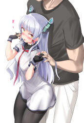 Rule 34 | 1boy, 1girl, :o, black undershirt, blush, breasts, cowboy shot, dress, fingerless gloves, floating headgear, gloves, head out of frame, headgear, heart, highres, holding hands, kantai collection, looking at another, looking back, mamo williams, medium breasts, murakumo (kancolle), necktie, open mouth, pantyhose, sailor collar, sailor dress, sidelocks, solo focus, white hair, yellow eyes