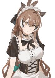 Rule 34 | 1girl, absurdres, ahoge, animal ear fluff, animal ears, black bow, black choker, black corset, black eyeliner, black hair, bow, breasts, brown eyes, brown hair, cat ears, cat girl, choker, cleavage, commentary, corset, detached collar, dimas (dimas79756948), dress, english commentary, eyelashes, eyeliner, feather hair ornament, feathers, hair bow, hair ornament, highres, hololive, hololive english, large breasts, long hair, looking at viewer, maid, maid headdress, makeup, multicolored hair, nanashi mumei, ponytail, puffy short sleeves, puffy sleeves, shirt, short sleeves, simple background, smile, solo, streaked hair, very long hair, virtual youtuber, white background, white dress, white hair, white shirt