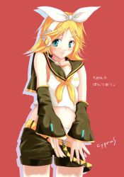 Rule 34 | 1girl, aqua eyes, artist name, bare shoulders, belt, black shorts, blonde hair, breasts, closed mouth, clothes pull, collarbone, cowboy shot, cyprus, detached sleeves, headset, kagamine rin, looking at viewer, nail polish, navel, neckerchief, no panties, panties, parted bangs, pulled by self, red background, school uniform, see-through, serafuku, shirt, short hair, short sleeves, shorts, shorts pull, simple background, sleeveless, sleeveless shirt, small breasts, smile, solo, standing, stomach, underwear, vocaloid, white panties, white shirt, yellow nails, yellow neckerchief