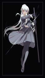 Rule 34 | 1girl, bad id, bad pixiv id, black background, black gloves, black shirt, black skirt, blue eyes, drawing sword, expressionless, full body, glint, gloves, heterochromia, highres, holding, holding sword, holding weapon, loafers, long hair, looking at viewer, midriff peek, original, pantyhose, ponytail, red eyes, scabbard, sheath, shirt, shoes, skirt, solo, sword, tsuki-shigure, unsheathing, weapon, white hair